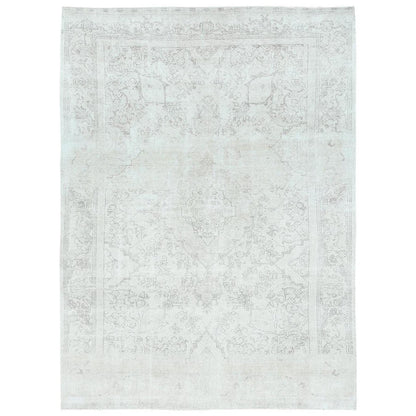 9'3"X13' Ivory Vintage Farsian Tebraz Worn Wool Hand Knotted Rug