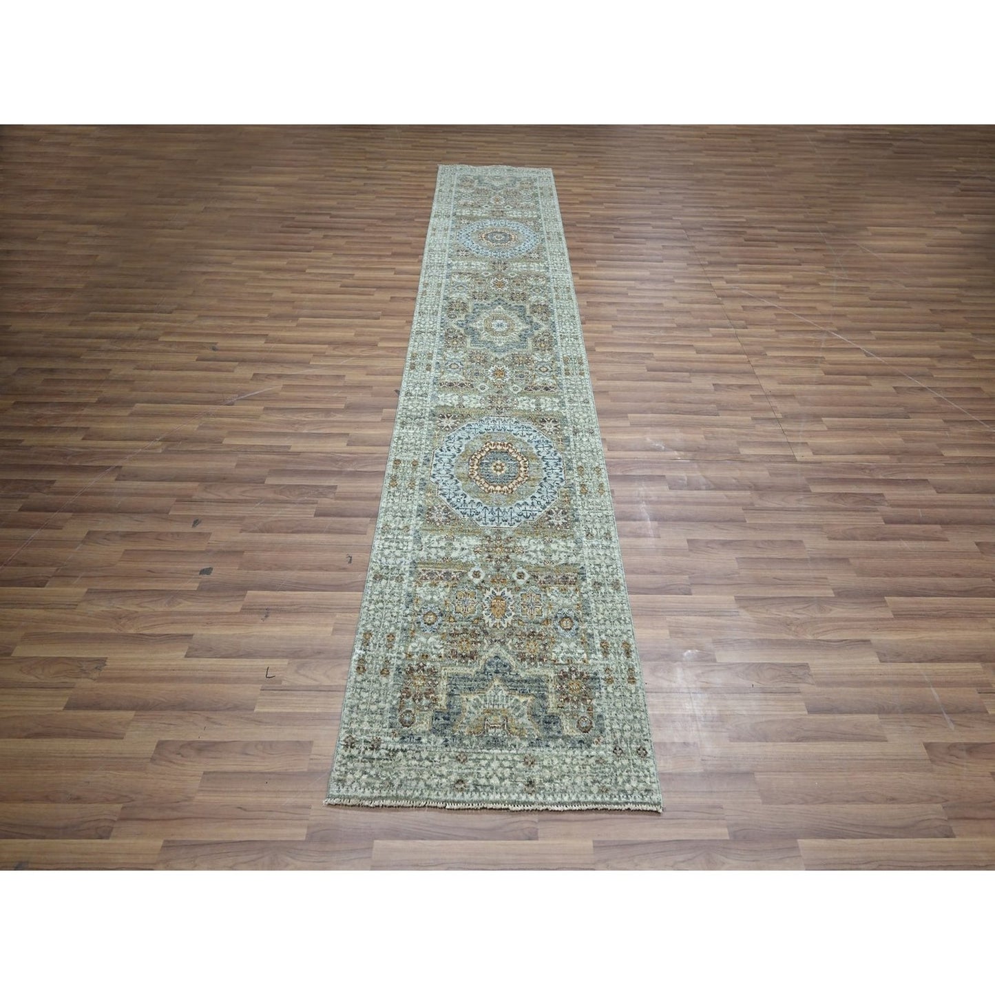 2'7"X12'1" Green Wool Rug Pre Historic Mamluk Design Hand Knotted Runner