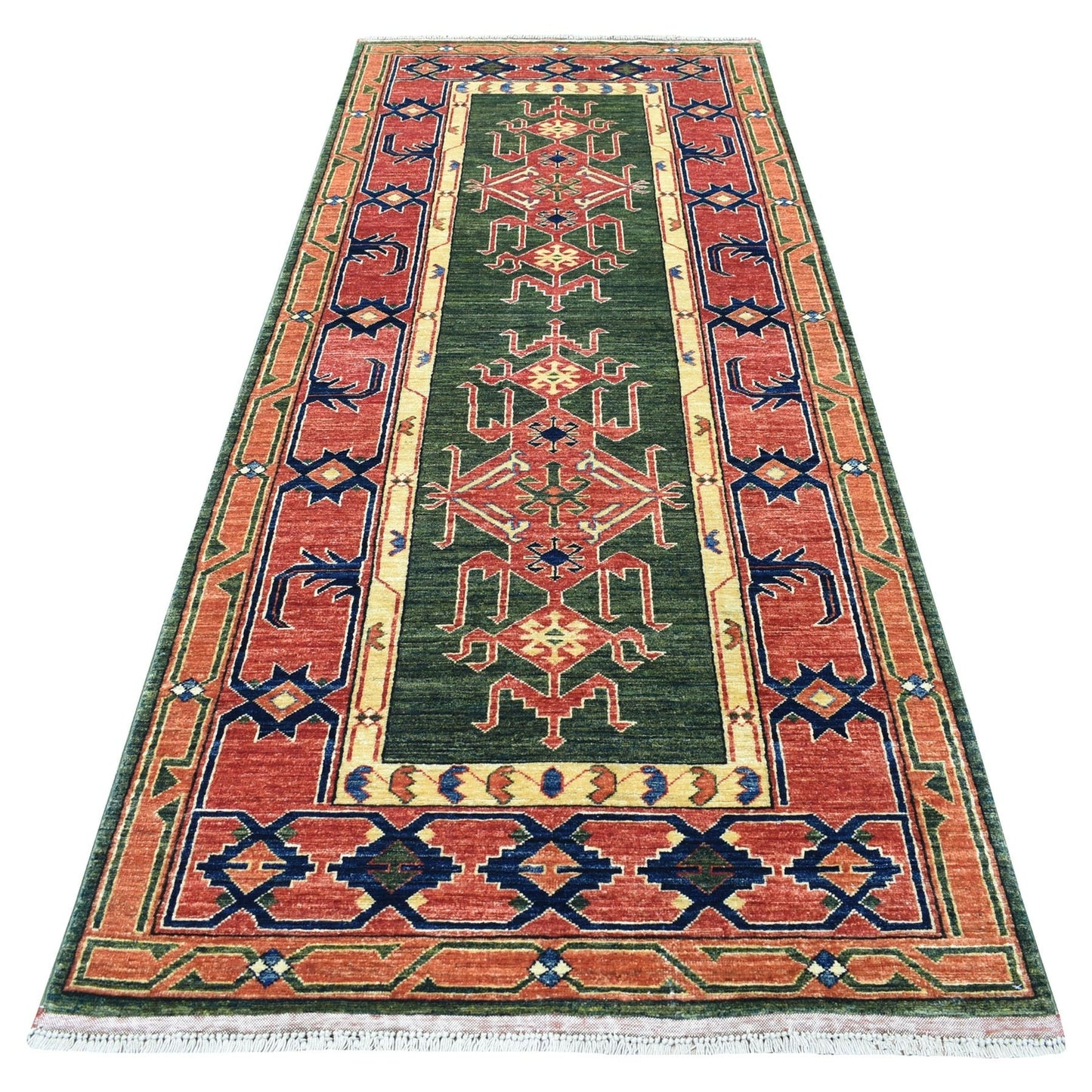 4'X9'8" Green Afghan Turkoman Geometric Wool Hand Knotted Runner Rug