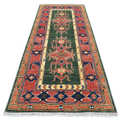 4'X9'8" Green Afghan Turkoman Geometric Wool Hand Knotted Runner Rug
