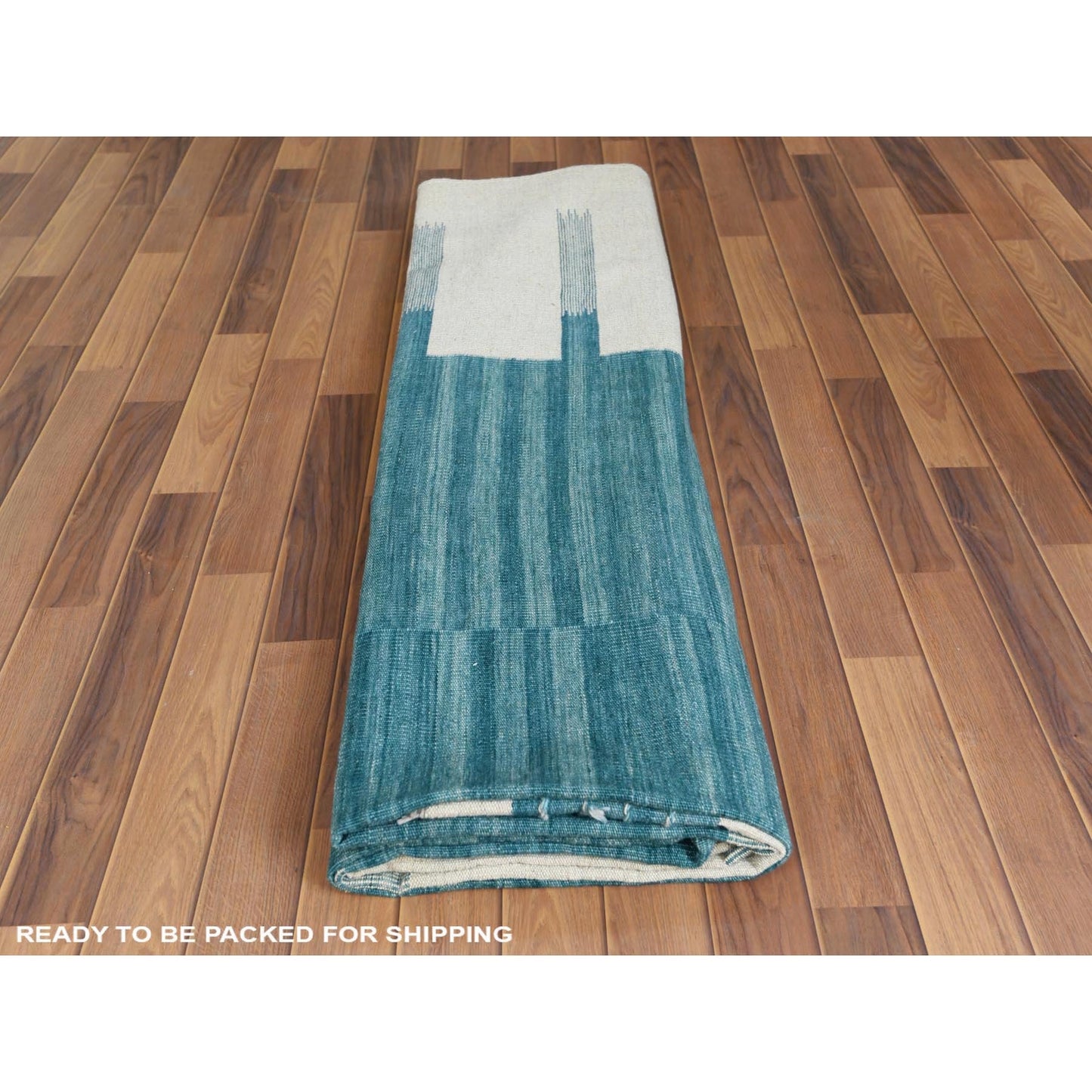 9'5"X11'9" Hand Woven Aquamarine Stripe Design Flat Weave Kilim Wool Rug