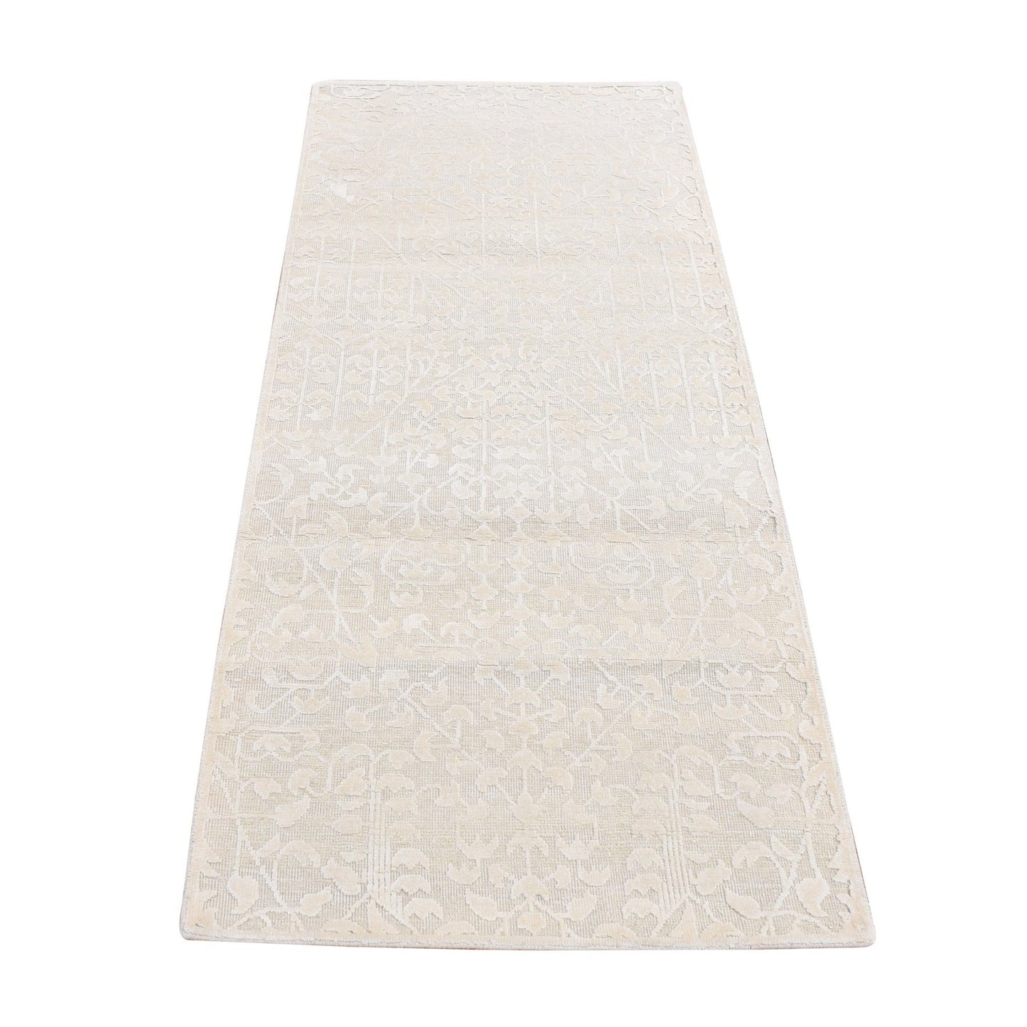2'5"X6' Ivory Hand Knotted Tone On Tone Pure Silk With Wool Runner Rug