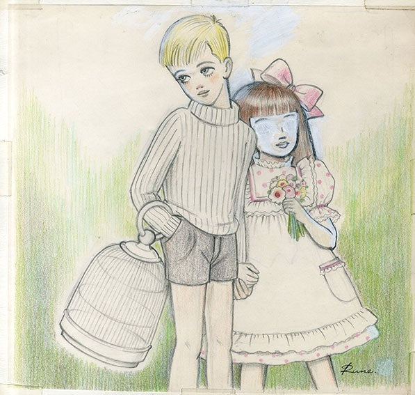 Rune Naito colored pencil on paper signature Boy and Girl with Birdcage Japanese