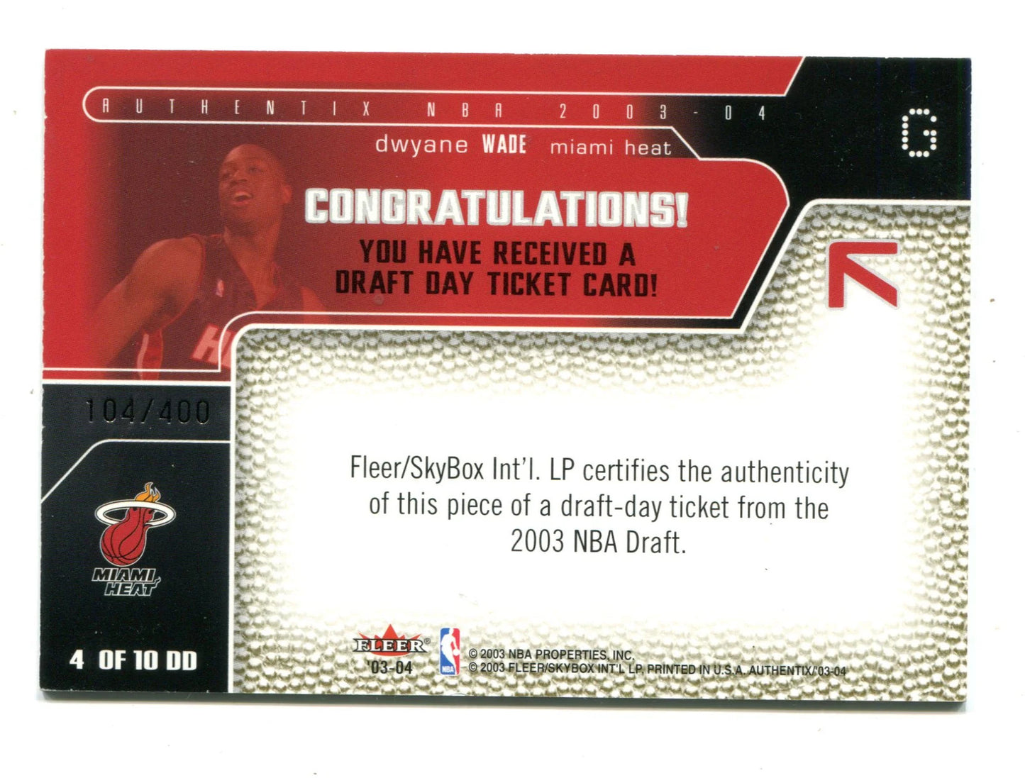 Dwyane Wade 2003 Fleer Authentic Draft Day Ticket