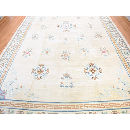 13'9"X23'5" Ivory Vintage Ming Dynasty Hand Knotted Full Pile Xl Wool Rug