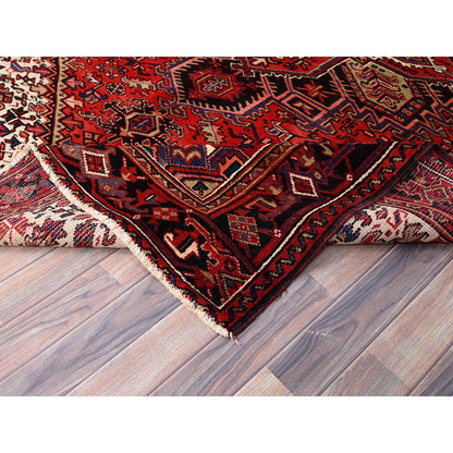 6'7"X9'3" Vivid Auburn Red Hand Knotted Vintage Wool Heris Oriental Rug
