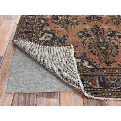 3'5"X13'7" Orange Vintage Farsian Worn Wool Hand Knotted Wide Runner Rug