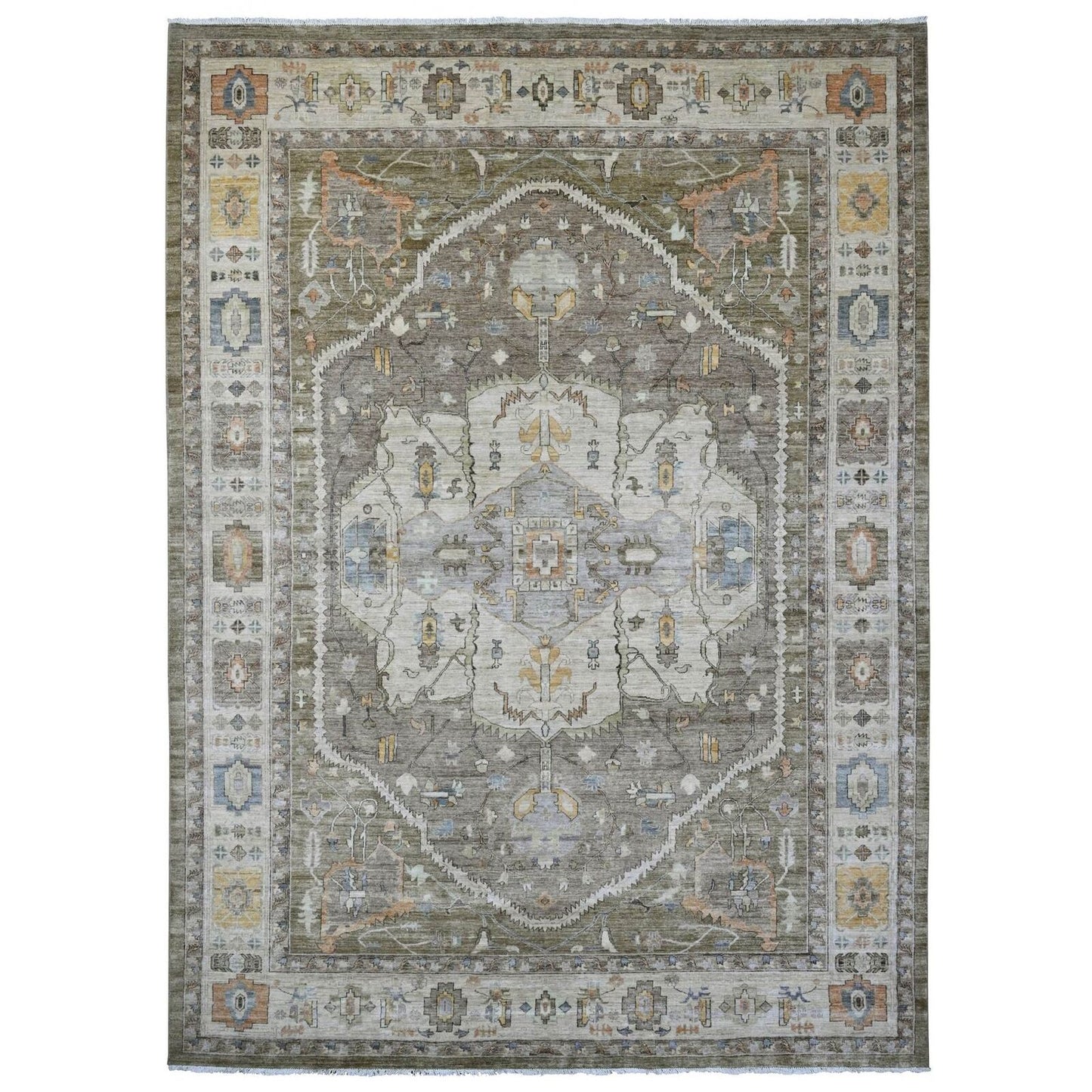 10'X13'8" Cedar Brown Seeripe Heris Revival Ghazni Wool Hand Knotted Rug