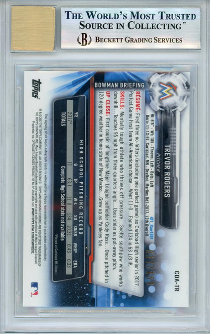 Trevor Rogers Autographed 2017 Bowman Chrome Draft Blue Refractors Card (Bgs 9/1