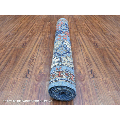 4'X11'8" Blue Pure Wool Hand Knotted Afghan Ersari Wide Runner Rug
