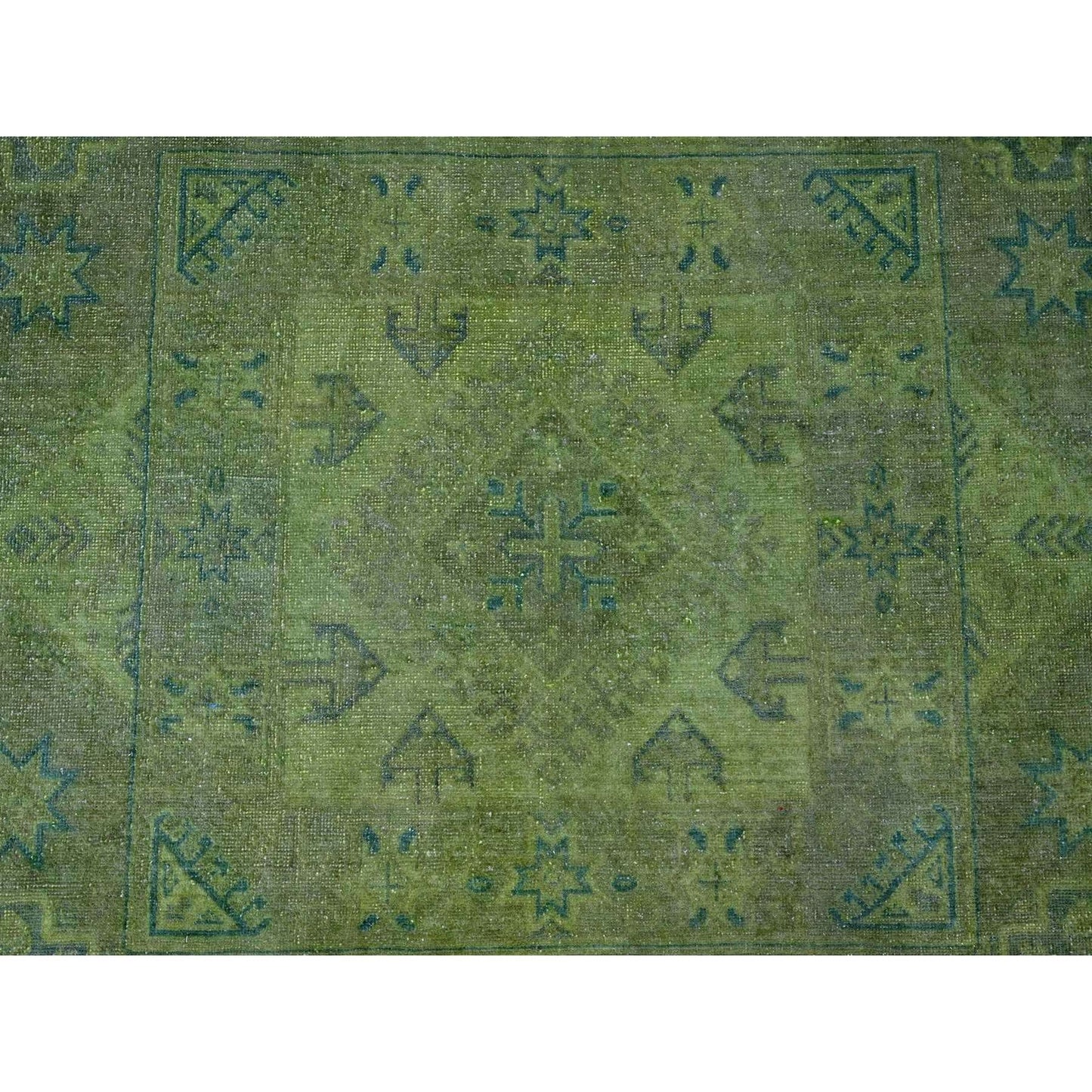 8'X9'6" Green Overdyed Kazak Geometric Pattern Hand Knotted Pure Wool Rug