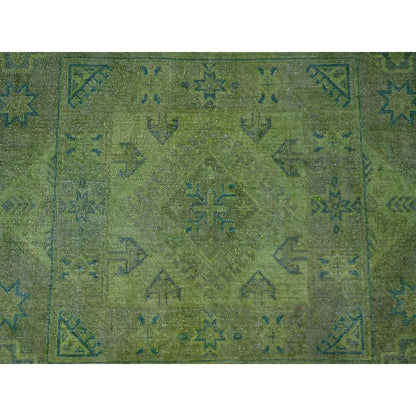 8'X9'6" Green Overdyed Kazak Geometric Pattern Hand Knotted Pure Wool Rug