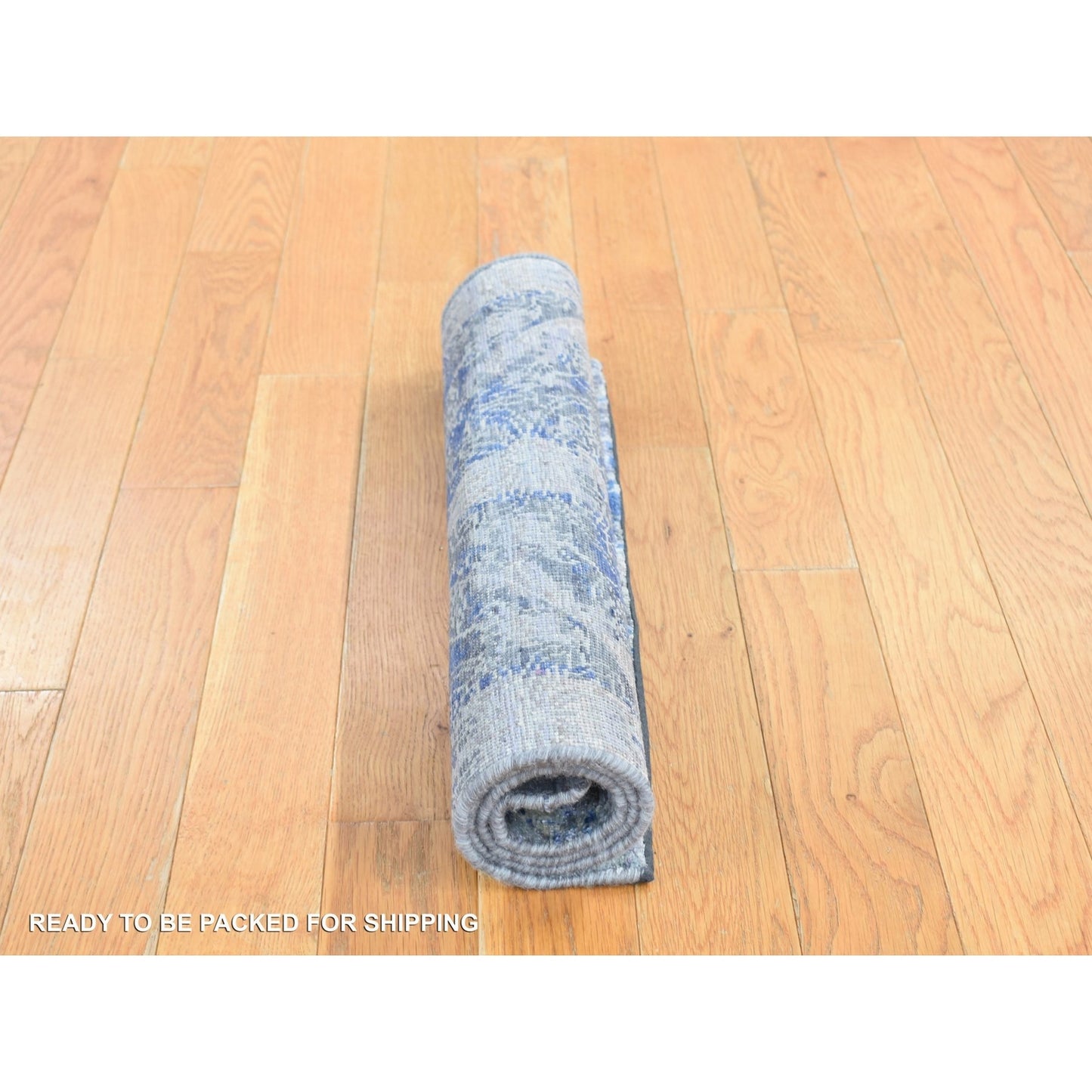 2'X3'1" Blue Erased Rossets Silk With Wool Hand Knotted Sample Rug