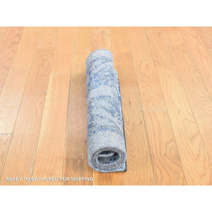 2'X3'1" Blue Erased Rossets Silk With Wool Hand Knotted Sample Rug