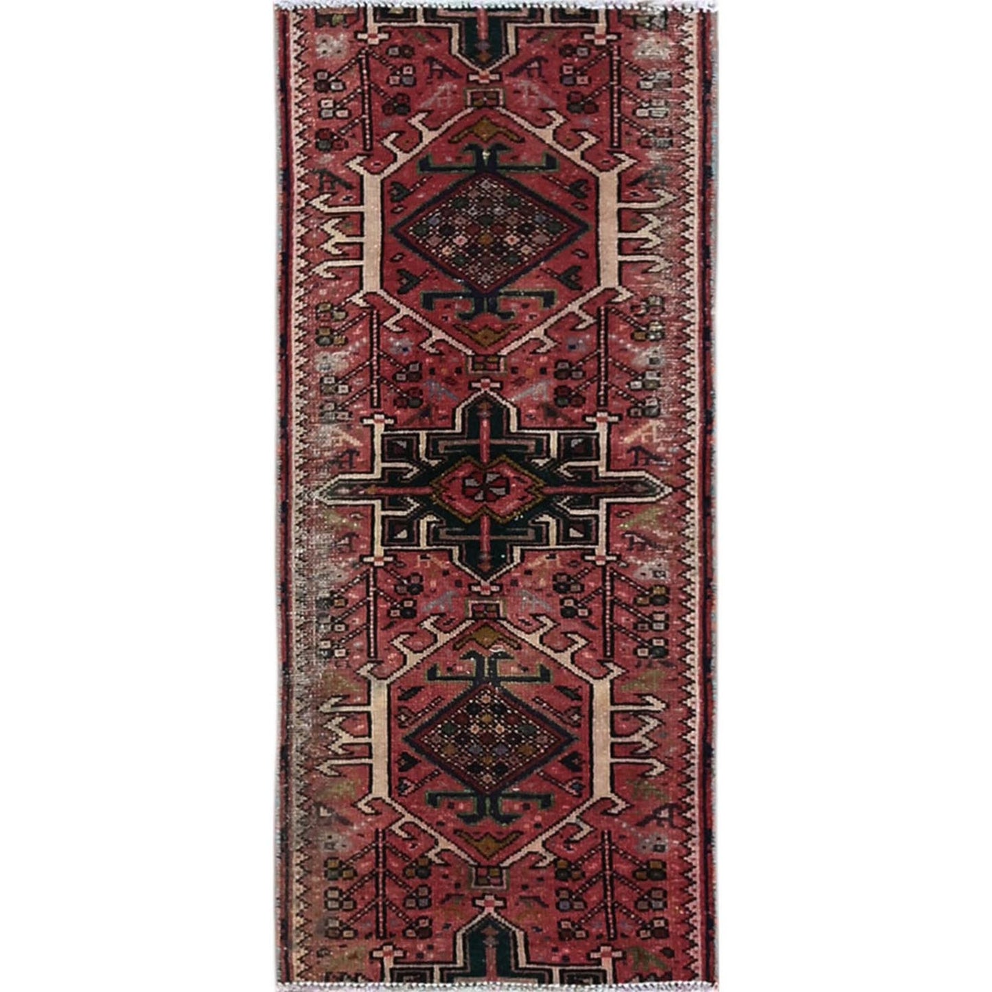 1'10"X4'2" Red Vintage Zoroastrian Heris Hand Knotted Pure Wool Runner Rug