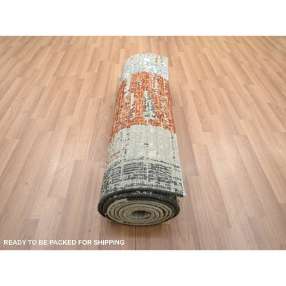 2'7"X11'10" Beige With Rust Abstract Design Wool Hand Knotted Runner Rug