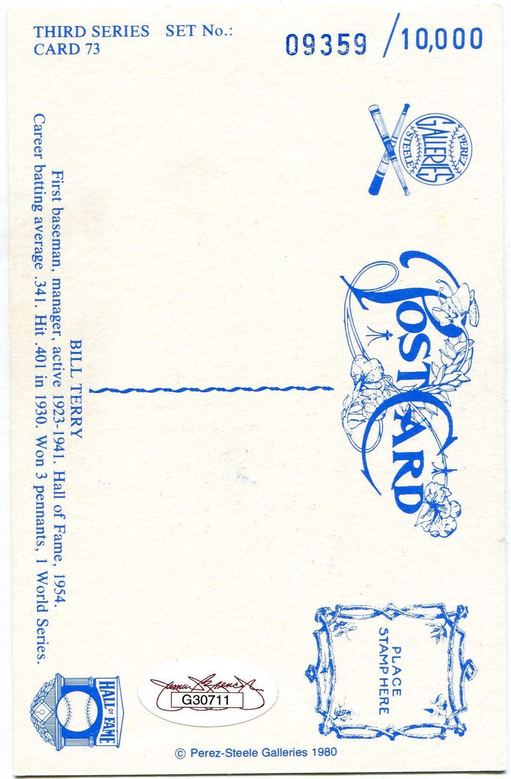Bill Terry Autographed Perez Steele Galleries Postcard 9359/10,000 (Jsa)