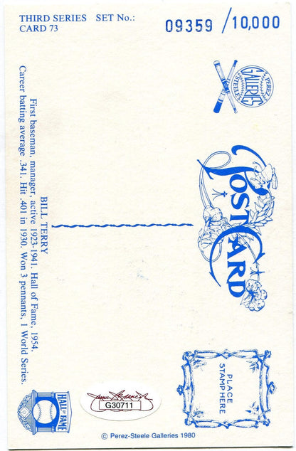 Bill Terry Autographed Perez Steele Galleries Postcard 9359/10,000 (Jsa)
