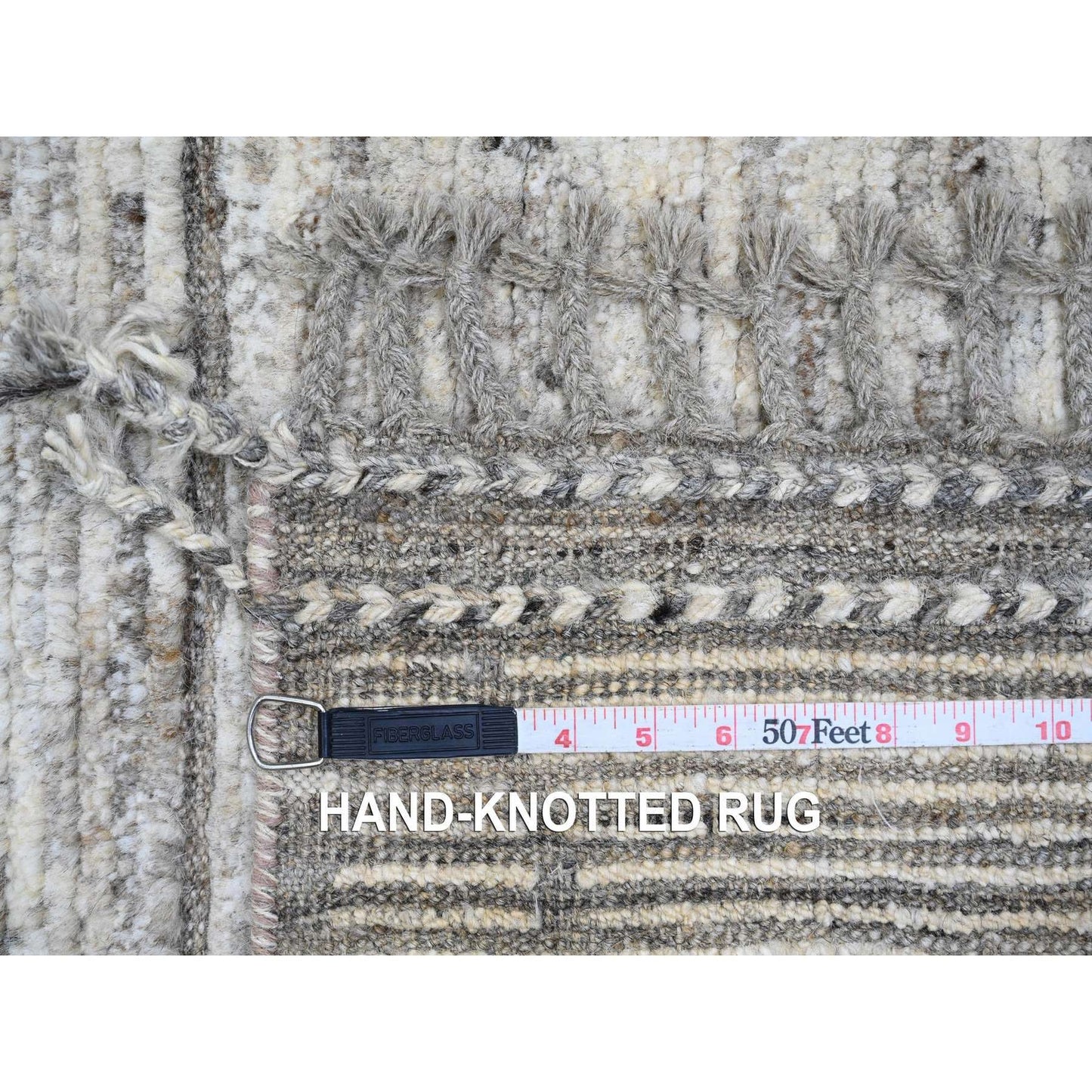 6'2"X9' Gray Moroccan Weave Compartment Design Hand Knotted Soft Wool Rug