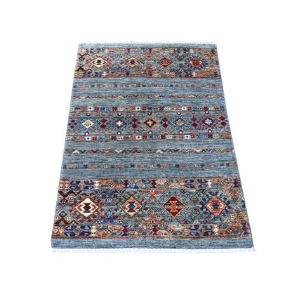 3'1"x4'3" Gray Afghan Super Kazak Hand Knotted Wool Sample Mat Rug