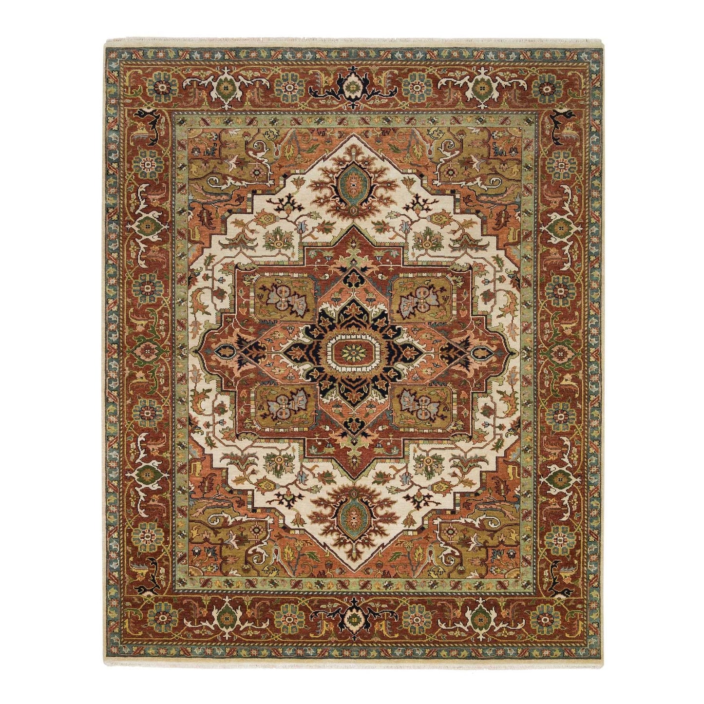 7'9"X9'9" Ivory Heris Medallion Design Pure Wool Hand Knotted Rug