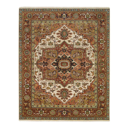 7'9"X9'9" Ivory Heris Medallion Design Pure Wool Hand Knotted Rug