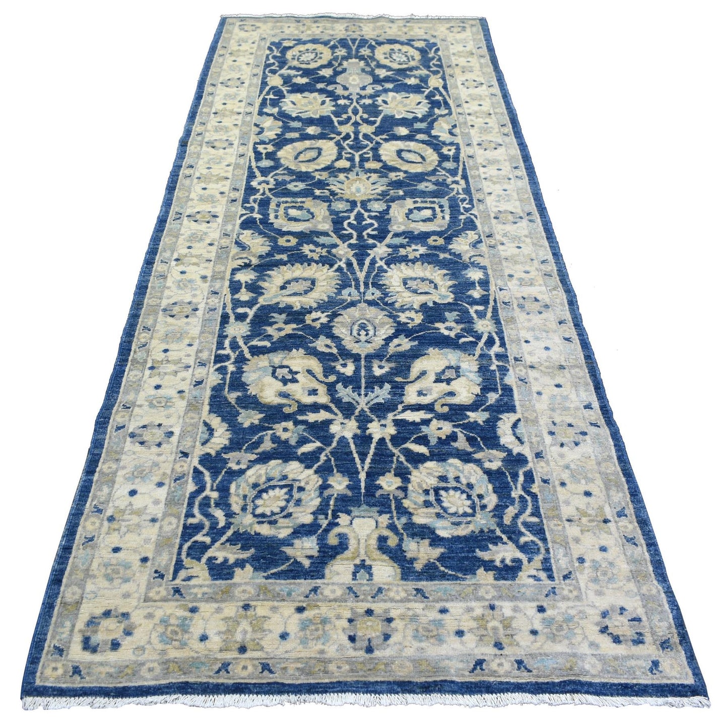 4'X10'3" Denim Blue Hand Knotted Fine Peshawar Wool Wide Runner Rug