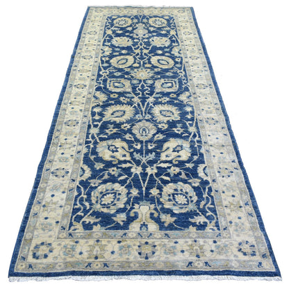 4'X10'3" Denim Blue Hand Knotted Fine Peshawar Wool Wide Runner Rug