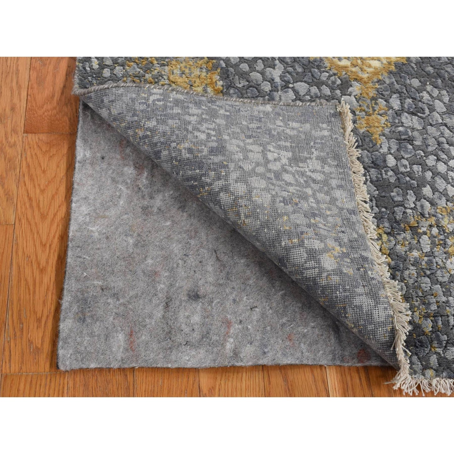 3'X8' Gray Zoroastrian Design Wool And Silk Hand Knotted Wide Runner Rug