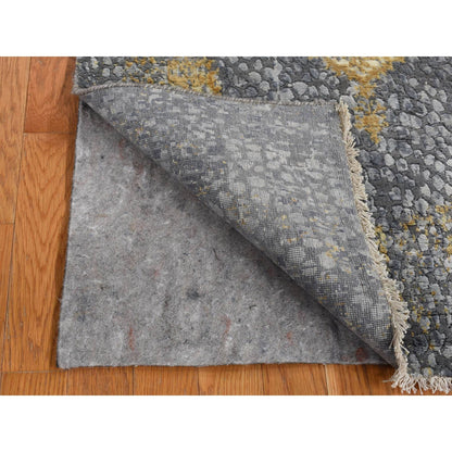 3'X8' Gray Zoroastrian Design Wool And Silk Hand Knotted Wide Runner Rug
