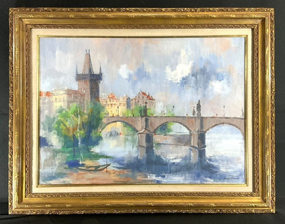 Original Oil Painting Charles Bridge Signed Framed Large Jaroslav Kotas