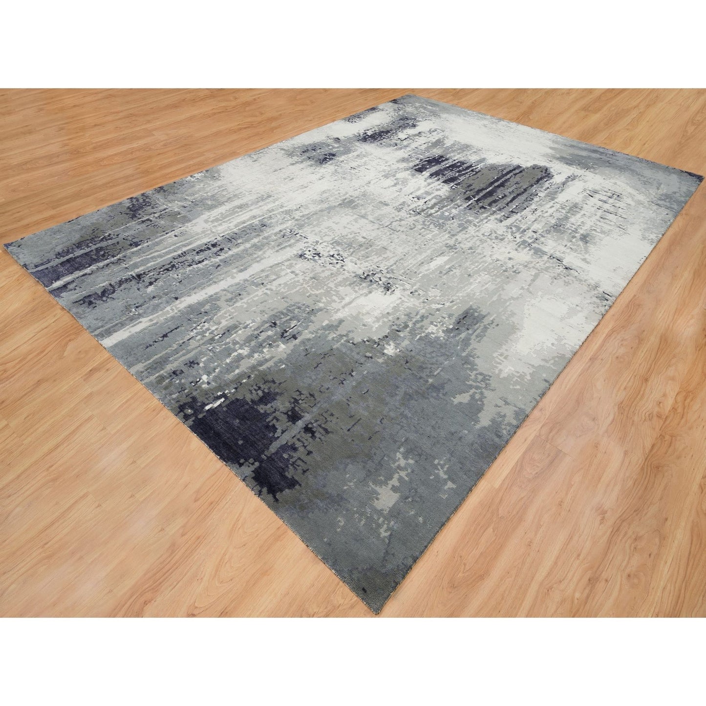 10'1"x14'1" Black Hand Knotted Modern Abstract Design Wool and Silk Rug
