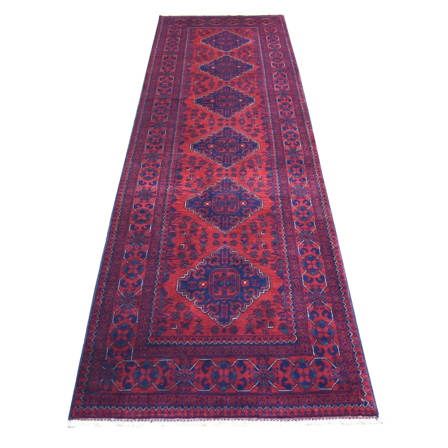 3'X9'7" Red Tribal Design Wool Afghan Khamyab Hand Knotted Runner Rug