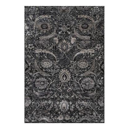 6'X8'10" Obsidian Black Wool And Silk Hand Knotted Sickle Leaf Design Rug