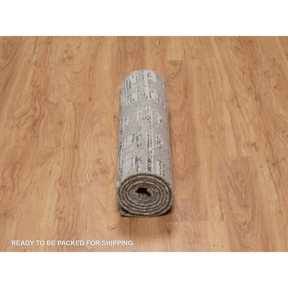 2'6"X8' Gray Hand Knotted Runner Rug Modern Criss Cross Erased Design Wool