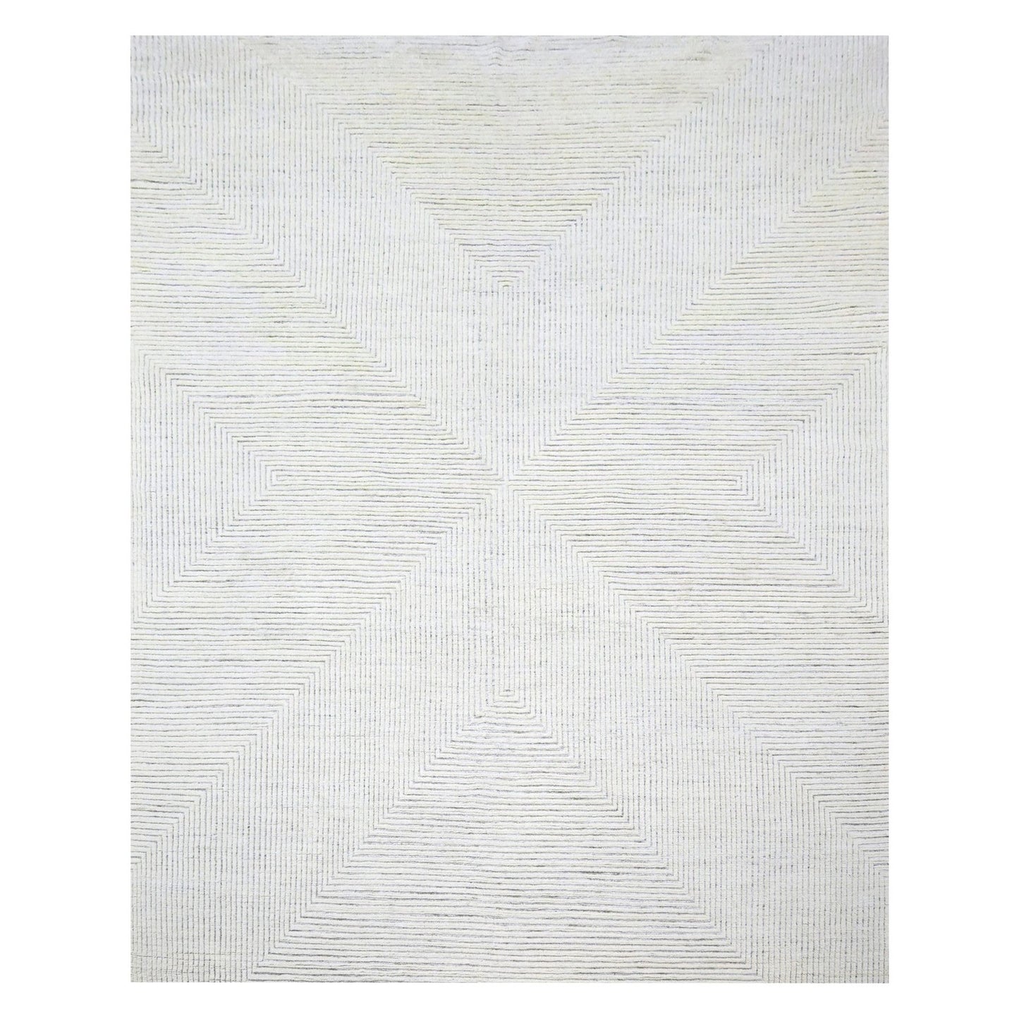 9'X12'1" White Geometric Variegated Line Design All Wool Hand Knotted Rug
