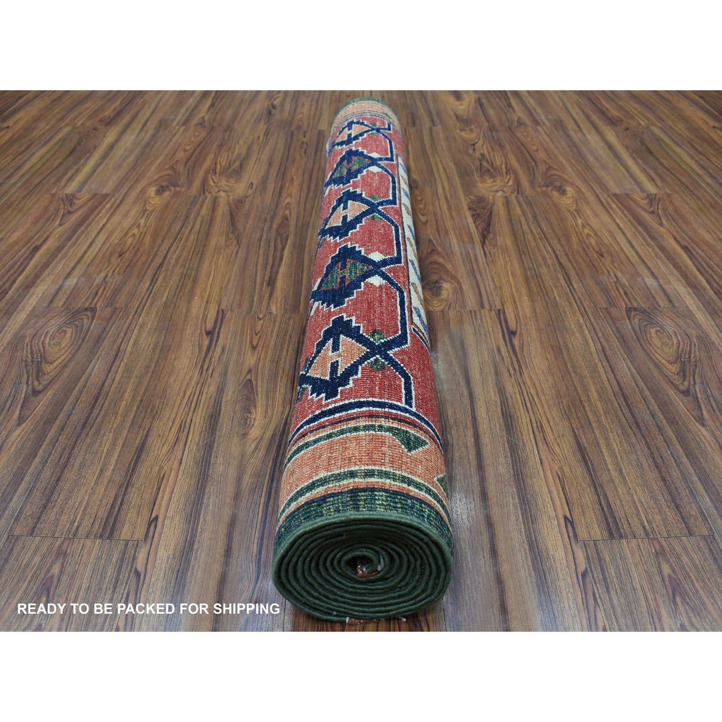 4'X9'8" Green Afghan Turkoman Geometric Wool Hand Knotted Runner Rug