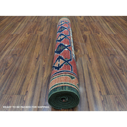 4'X9'8" Green Afghan Turkoman Geometric Wool Hand Knotted Runner Rug