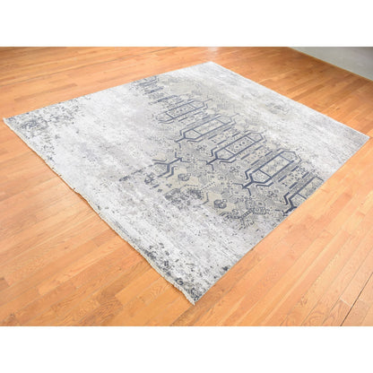 8'X9'10" Gray Broken And Erased Design Wool And Silk Hand Knotted Rug