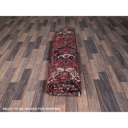 8'X9'2" Red Vintage Zoroastrian Heris Pure Wool Hand Knotted Worn Down Rug