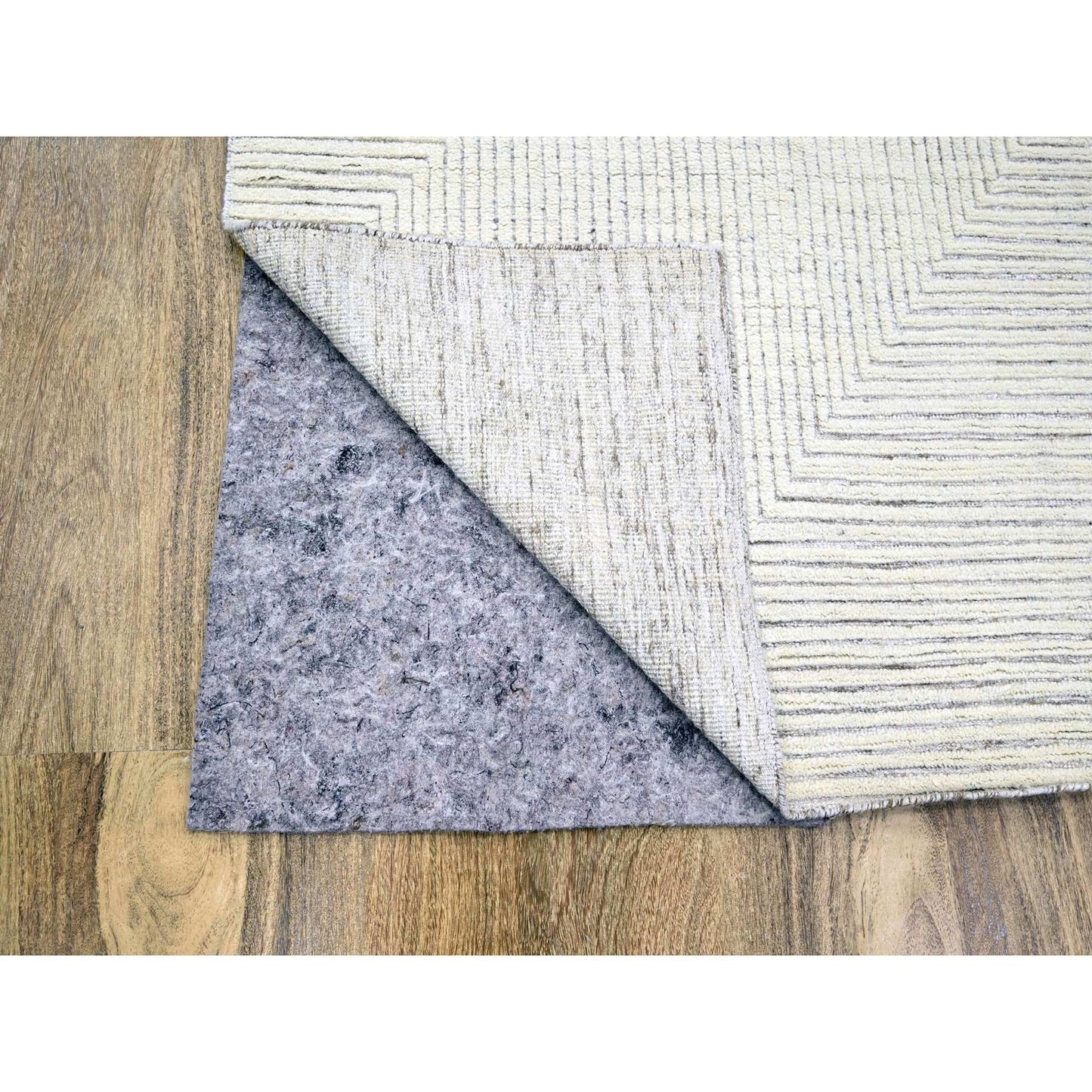 9'X12'1" White Geometric Variegated Line Design All Wool Hand Knotted Rug