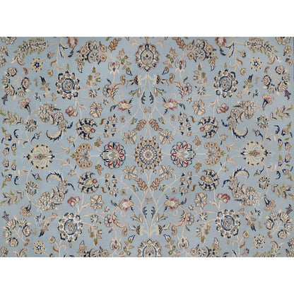 8'2"X10'5" Slate Blue Nain Flower Design Hand Knotted Wool And Silk Rug