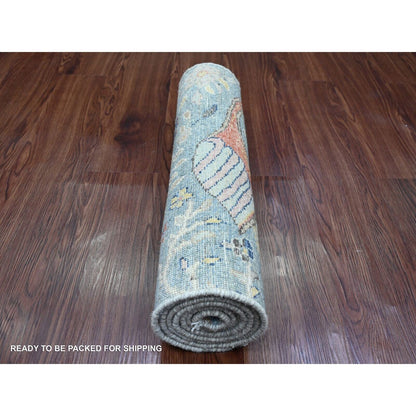 2'2"X6'3" Blue Peshawar Birds Design 100% Wool Hand Knotted Runner Rug
