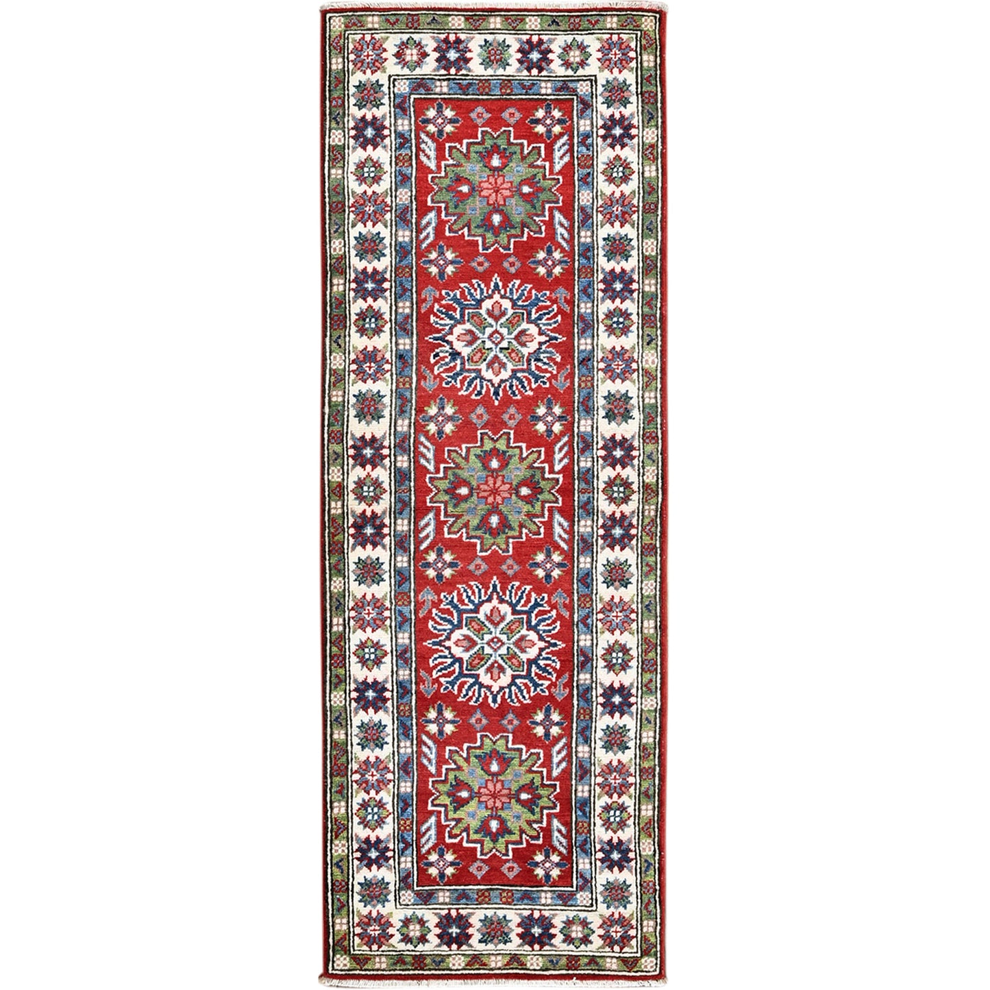 2'1"X6' Red Kazak With Tribal Design Hand Knotted Soft Wool Runner Rug