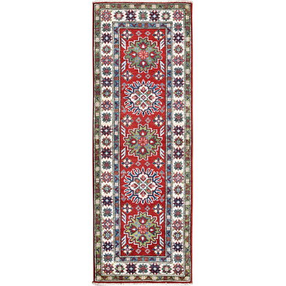 2'1"X6' Red Kazak With Tribal Design Hand Knotted Soft Wool Runner Rug
