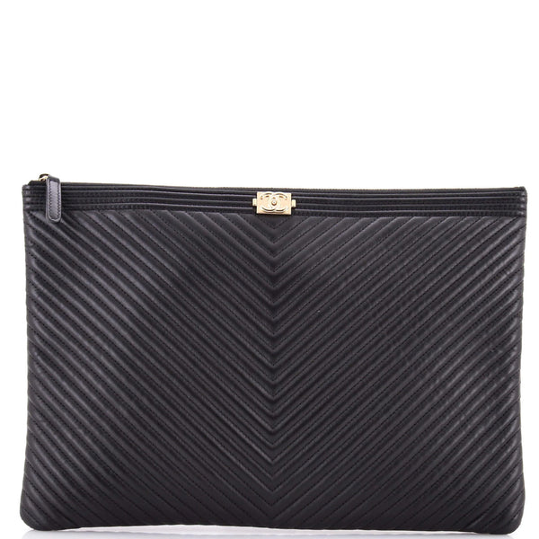 Chanel Boy O Case Clutch Chevron Lambskin Large