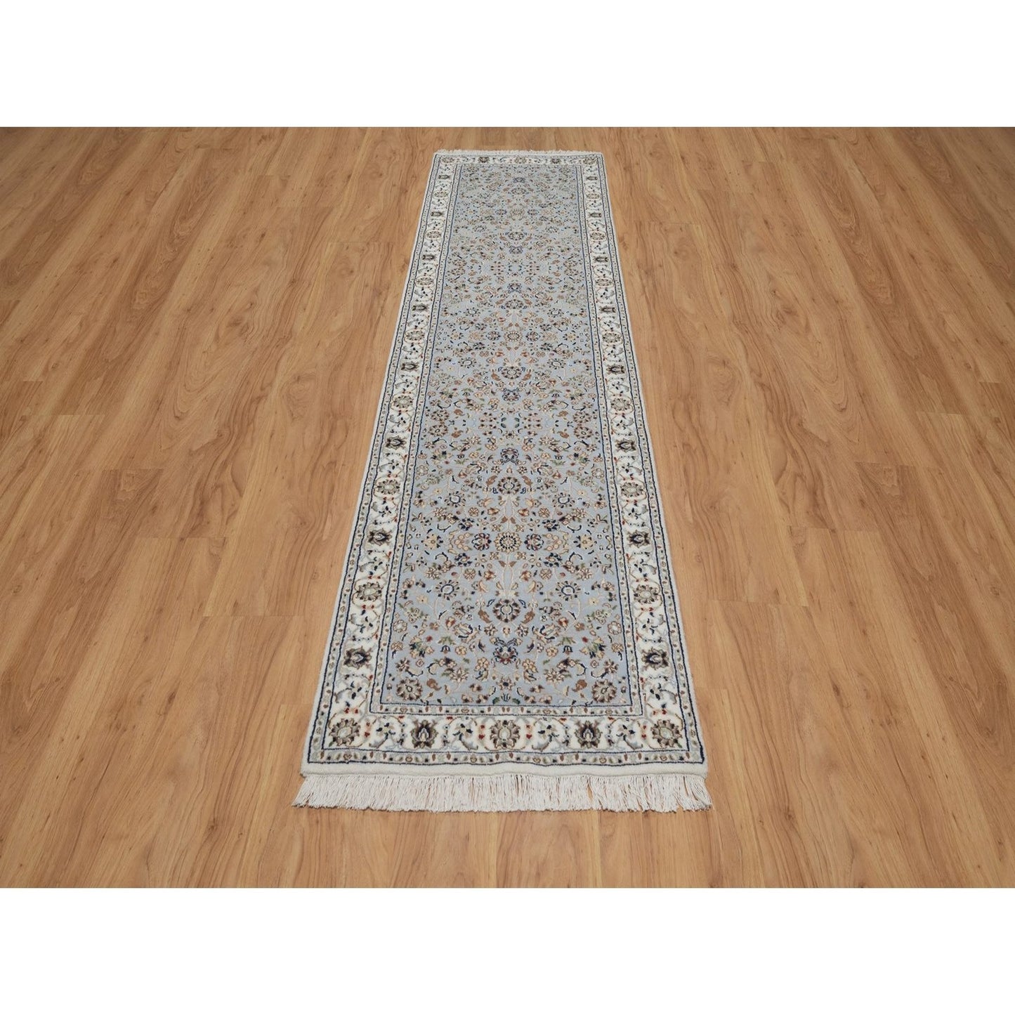 2'8"X10'1" Blue Wool And Silk Nain Floral Pattern Hand Knotted Runner Rug