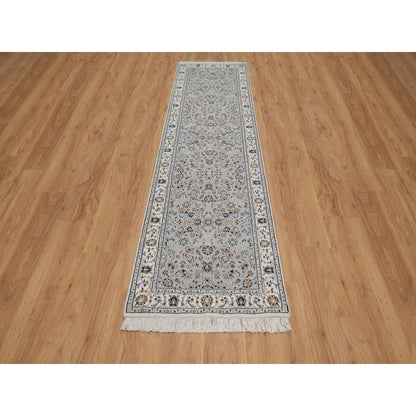2'8"X10'1" Blue Wool And Silk Nain Floral Pattern Hand Knotted Runner Rug