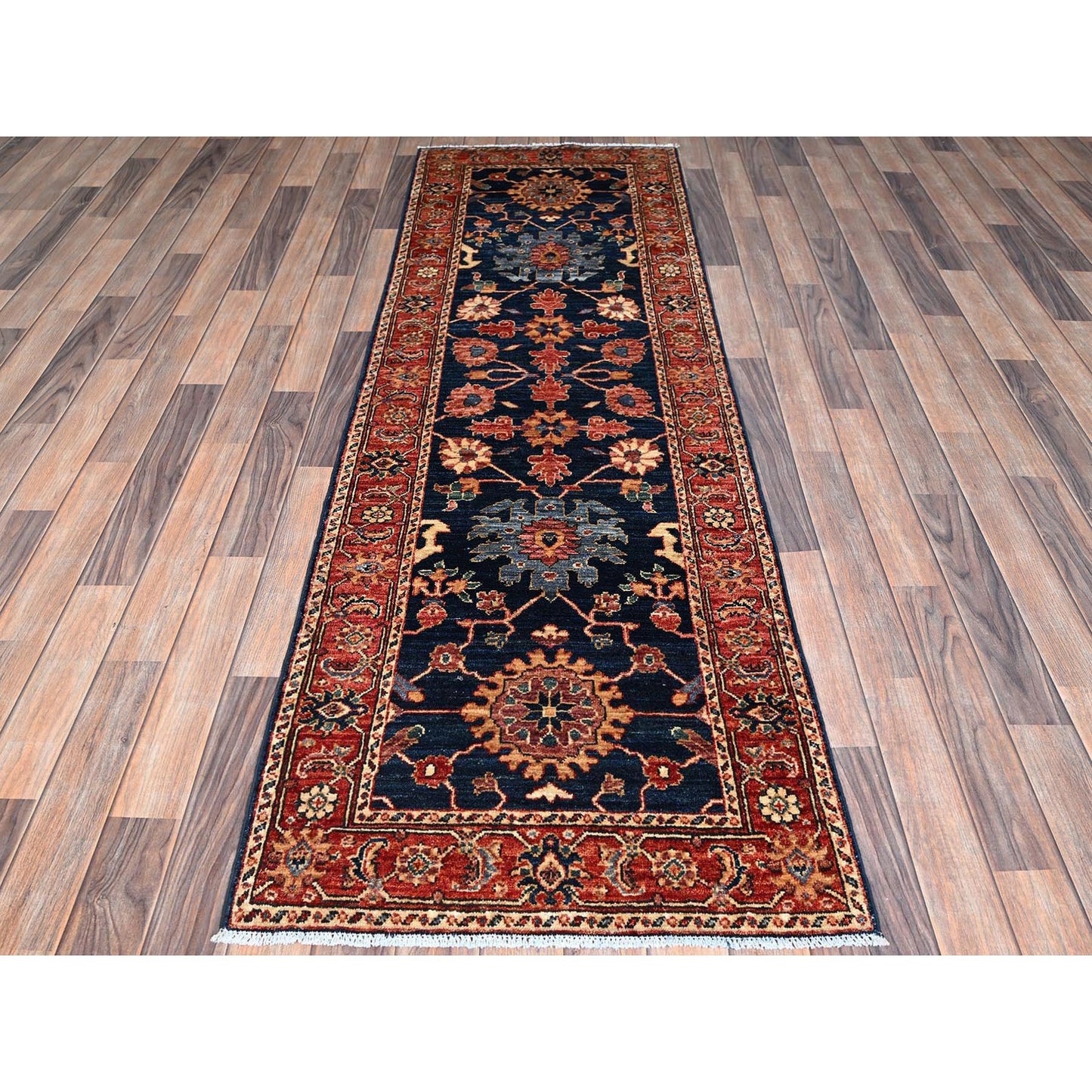 2'6"X8' Midnight Blue Heris All Over Design Hand Knotted Wool Runner Rug