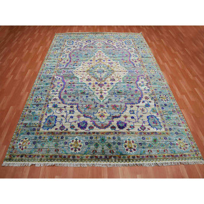 8'8"X12' Blueish Gray Medallion Design Silk With Wool Hand Knotted Rug